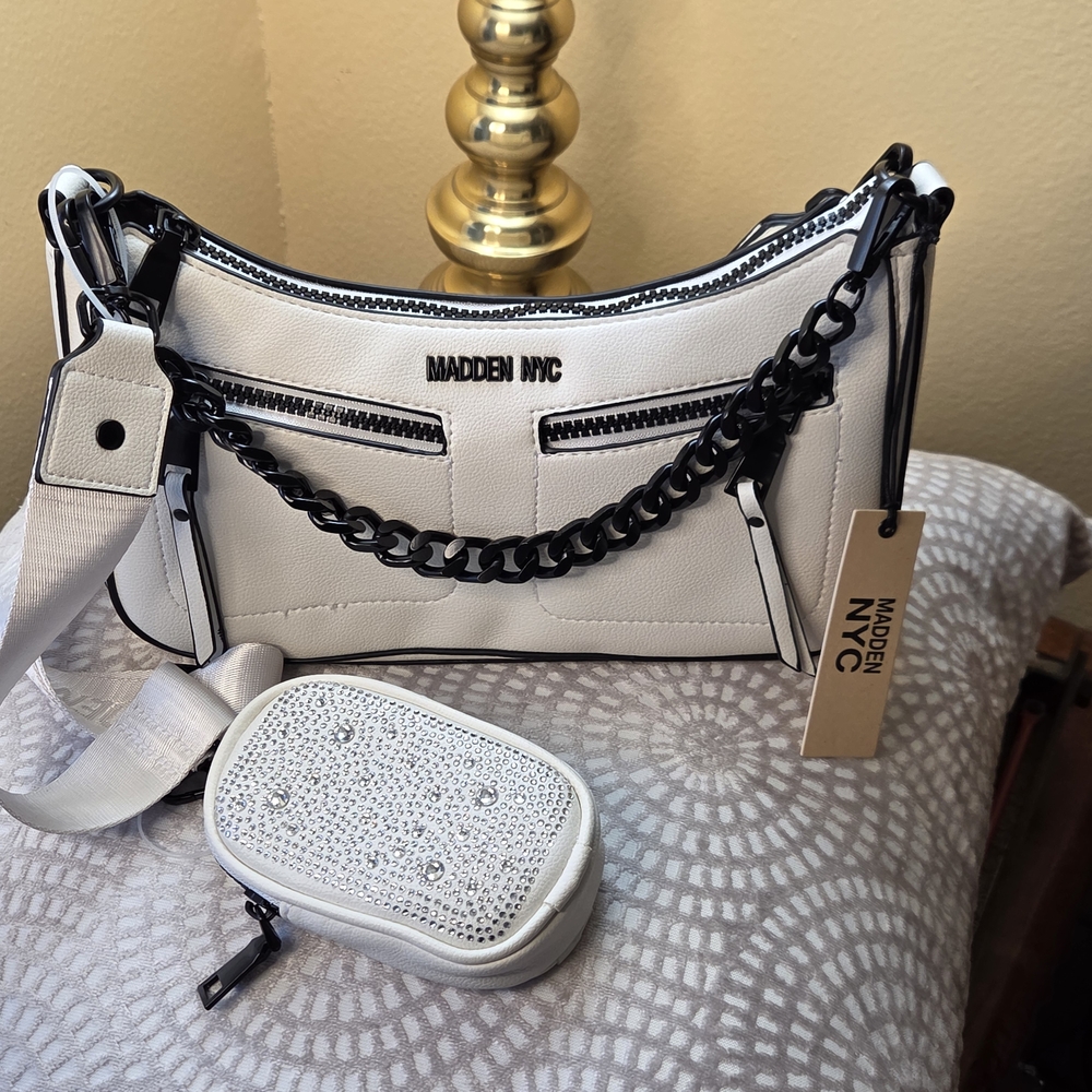Madden NYC White Women's Bag with Chain Detail includes Coin Purse New With Tags